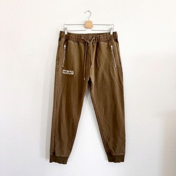 HELMUT LANG Logo Print Army Green Joggers Track Pants Men’s Size L - Picture 2 of 13